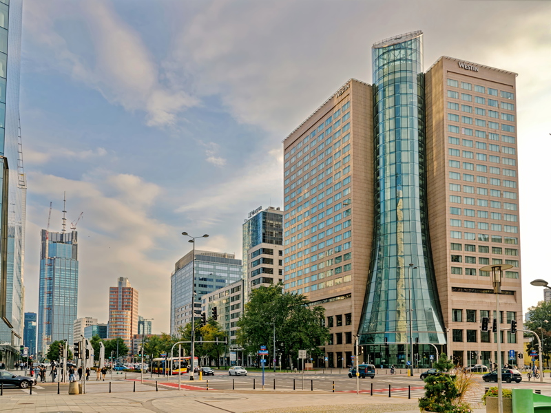 19 - Cityscape of Warsaw, Poland, featuring the modern architecture of the Srodmiescie Business District